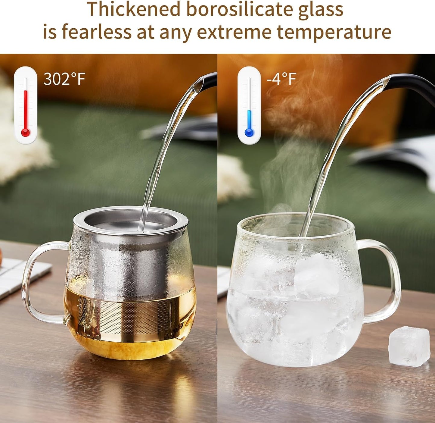 DOPUDO Glass Tea Cup with Infuser and Lid, 34oz/1000ml Large Borosilicate Teacup, Clear Mug for Loose Leaf Blooming Tea, Dishwasher Safe - Tea Maker Gift for Birthday