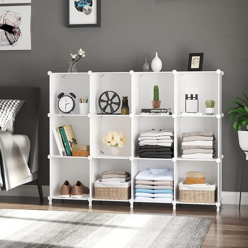 AWTATOS Cube Storage Organizer - 12 Cube Bookshelf | Stackable Plastic Shelves for Home & Bedroom - White