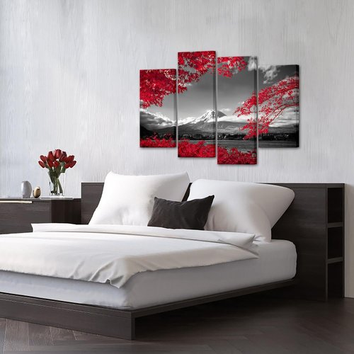 Fochorlo Canvas Wall Art Set - Large 4-Piece Japan Fuji Mountain Prints with Maple Leaves | Modern Red Decor for Bedroom & Office