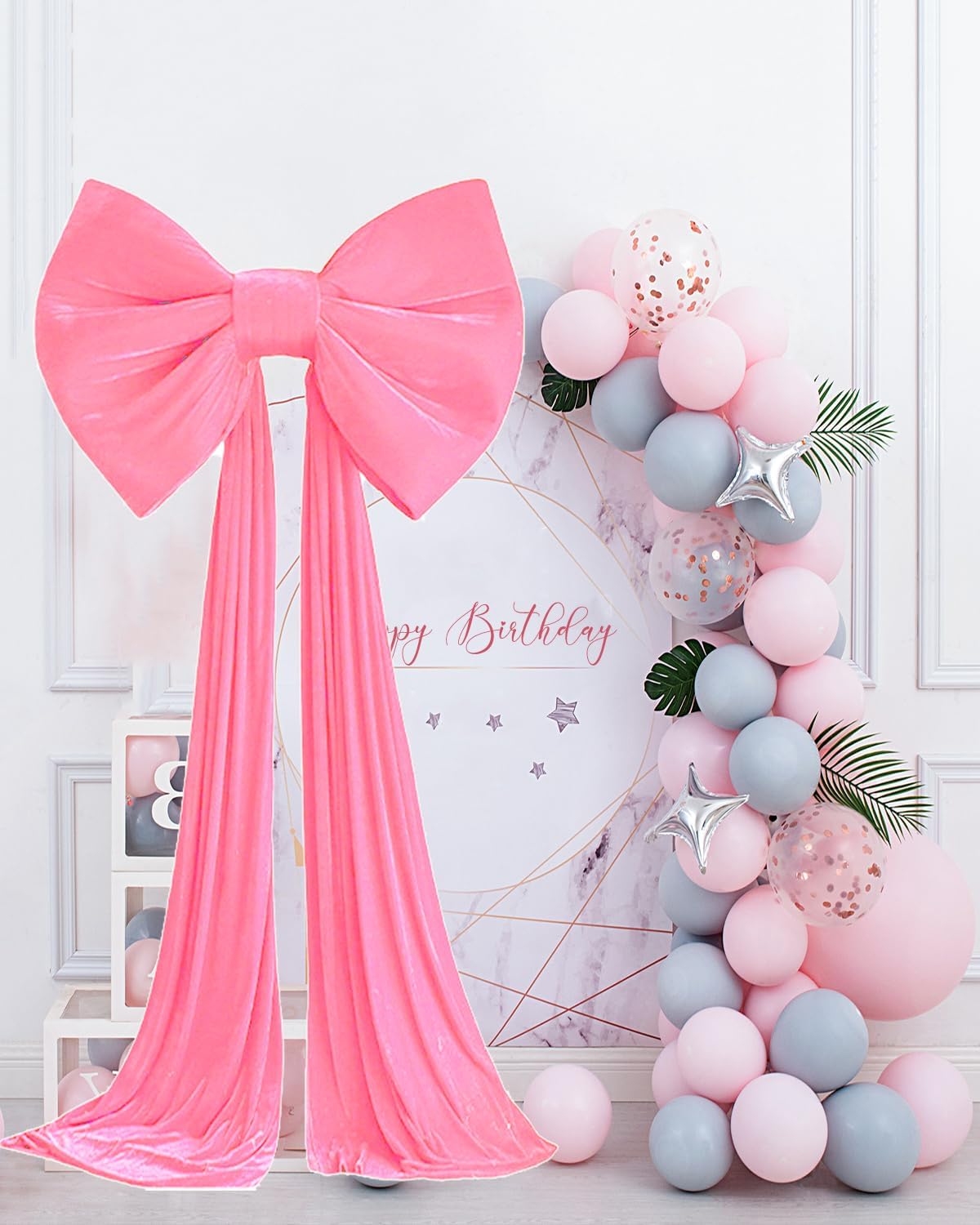 Skiennix Large Pink Bow Birthday Decorations - 31'' x 60'' Themed Backdrop for Weddings, Showers & Events