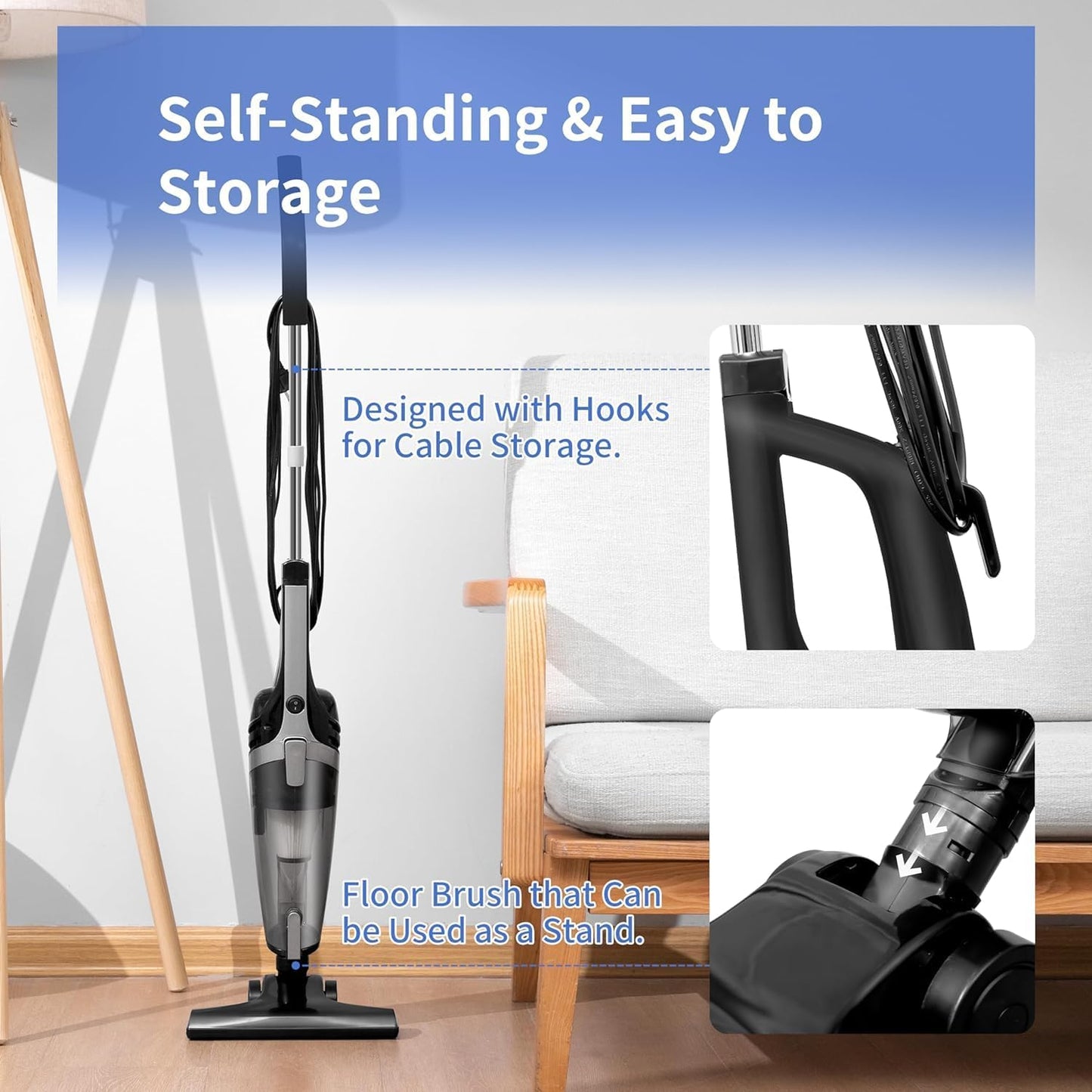 Skiennix Corded Stick Vacuum - 20Kpa Powerful Suction, 16Ft Cord, 2-in-1 Lightweight Handheld for Pet Hair & Hardwood Floors