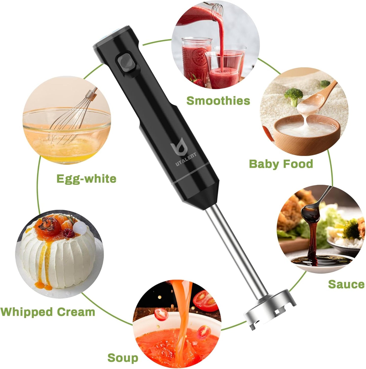 UTALENT Cordless Hand Blender - Variable Speed Immersion Blender with USB-C Charging | Black