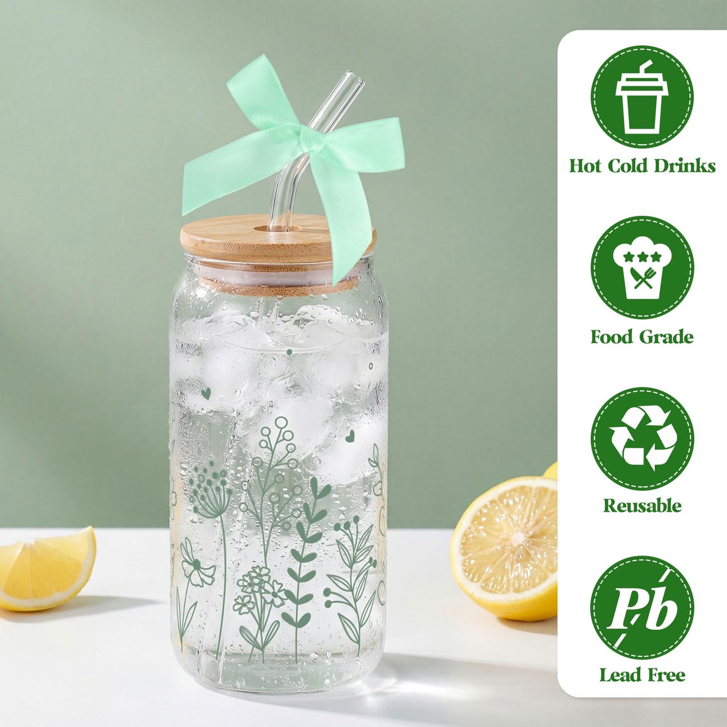 NatNarr 2 Pcs Glass Cups with Lids and Straws, Gifts for Women 16oz Sage Green Floral Glass Coffee Cups, Cute Aesthetic Glass Cup for Mothers Day Gifts Girls New Mom Birthday Baby Shower Party Gift