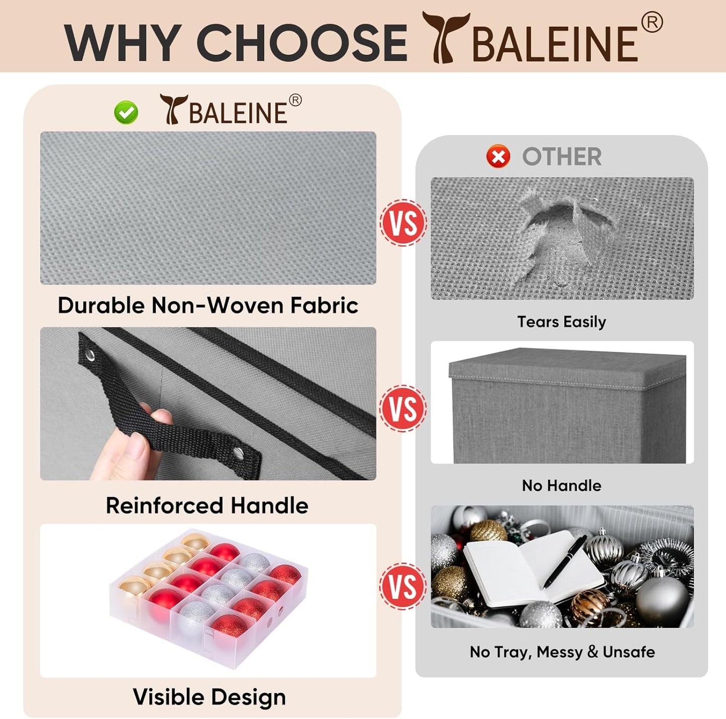 BALEINE Christmas Ornament Storage Box - Premium Container with Dividers for 128 Balls | Grey