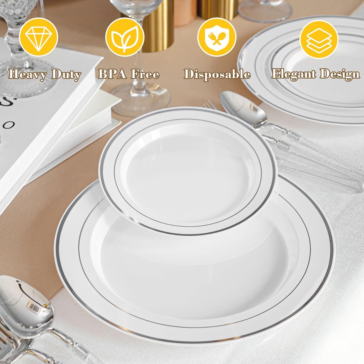 Regine Switzerland Disposable Plastic Plates - 200PCS Silver & White Dinner and Dessert Plates for Parties & Weddings
