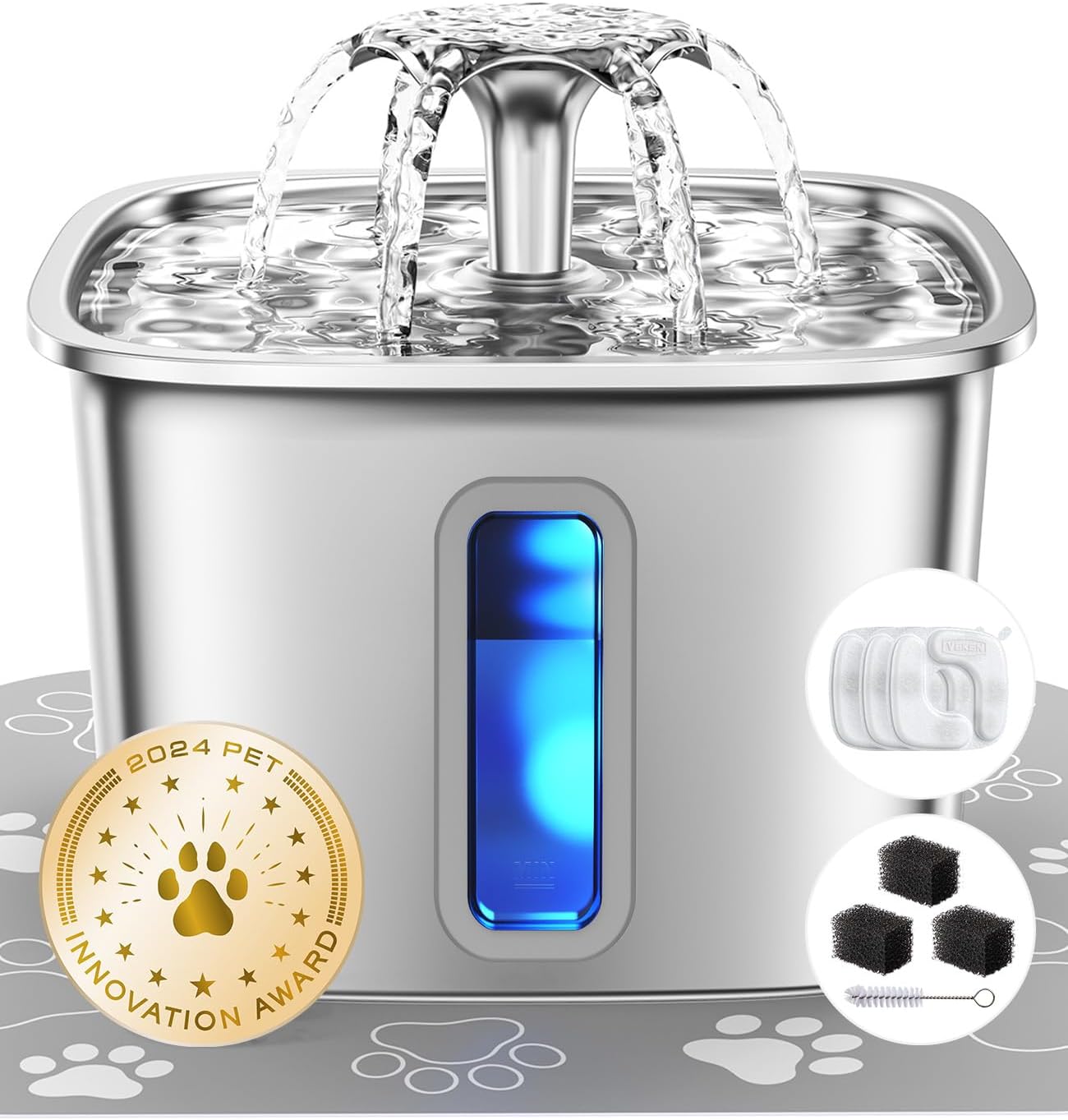 Veken Stainless Steel Cat Water Fountain - 108oz Automatic Pet Dispenser with 3 Filters & Mat | Silver