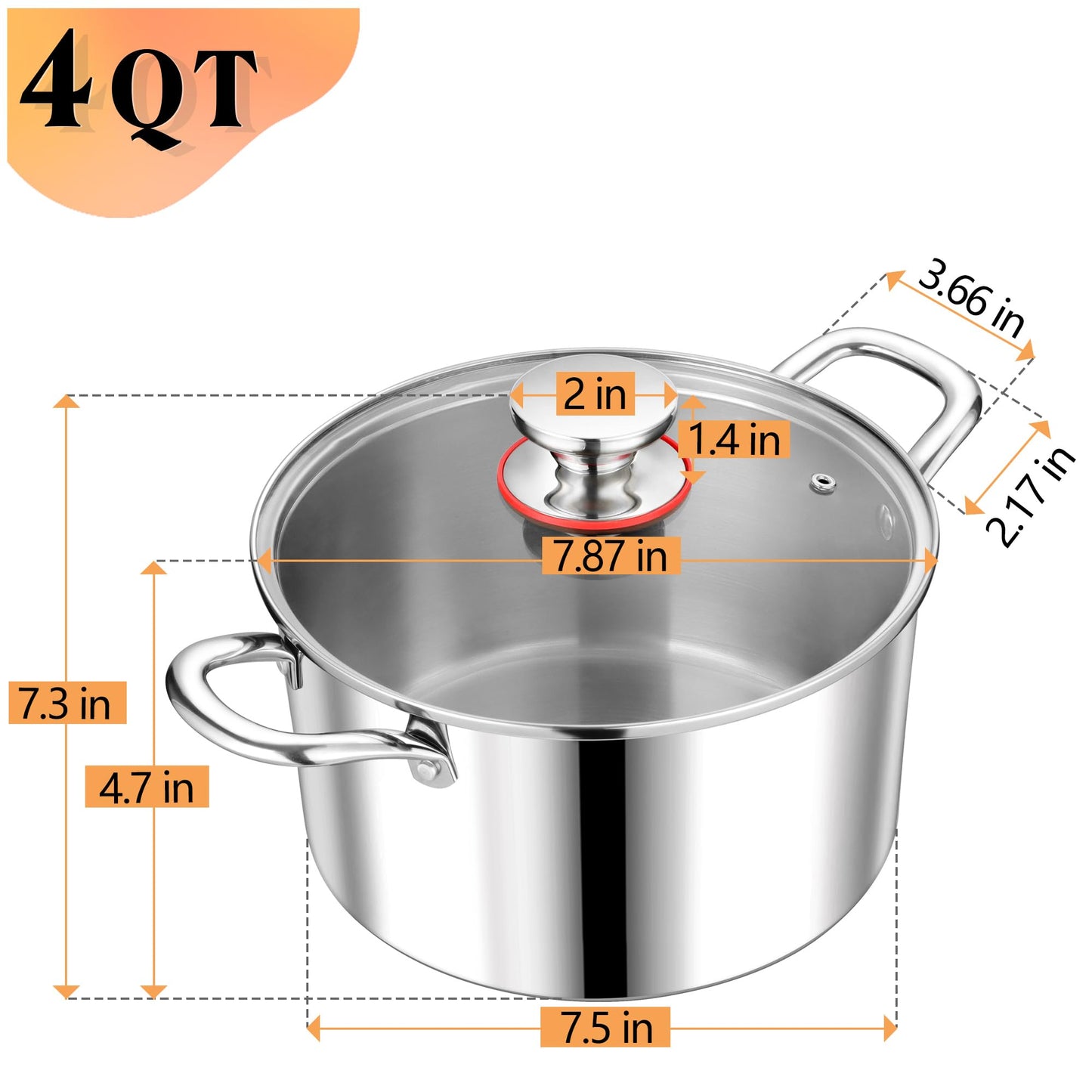 P&P CHEF 4 Quart Tri-Ply Stainless Steel Stock Pot, 4 Qt Stockpot Pasta Cooking Pot with Visible Lid for Soup Vegetable, Induction Cookware for All Stoves, Sturdy & Double Handle, Dishwasher Safe