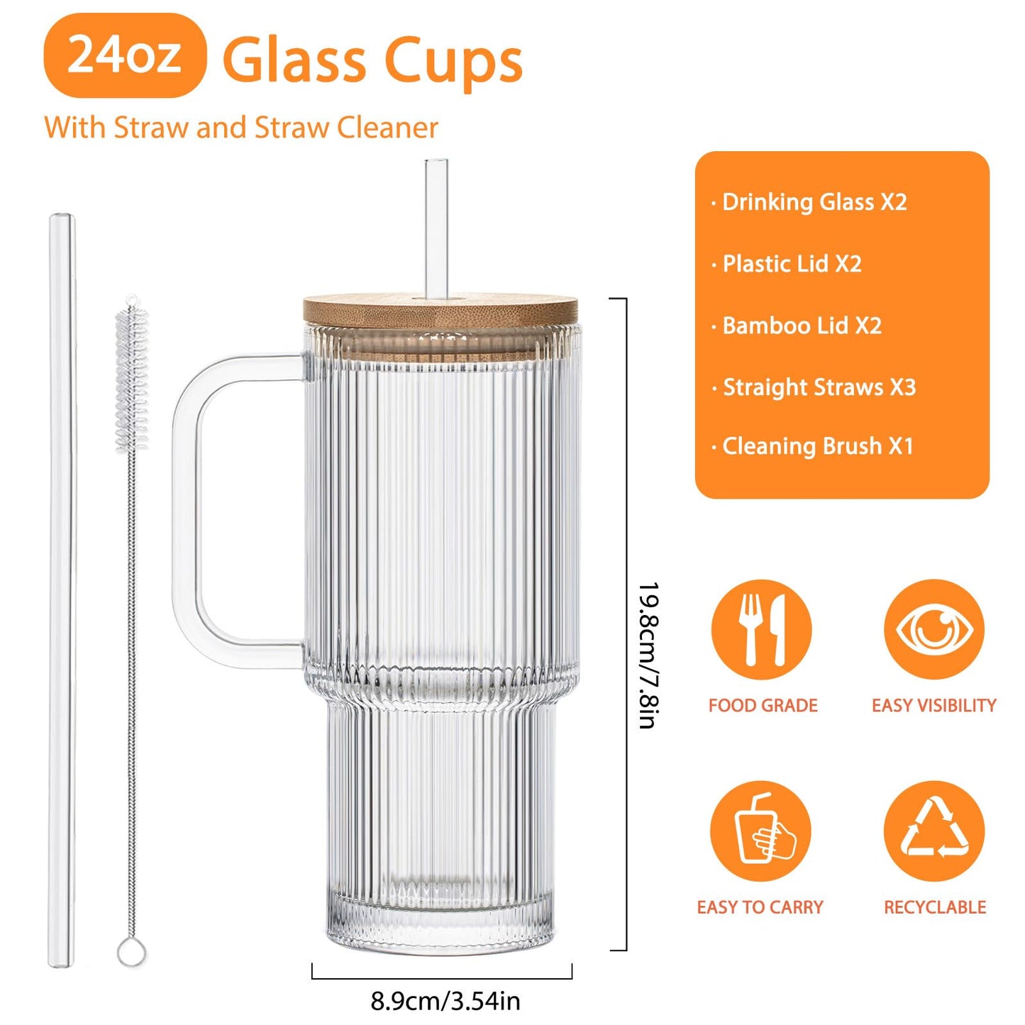SoulTimes 24oz Ribbed Glass Tumbler with Handle and Bamboo Lid, Set of 2 Glass Cups with Lids and Straws for Coffee, Tea, Juice and Smoothies, Reusable Iced Coffee Cups Includes 2 Sealed Plastic Lids