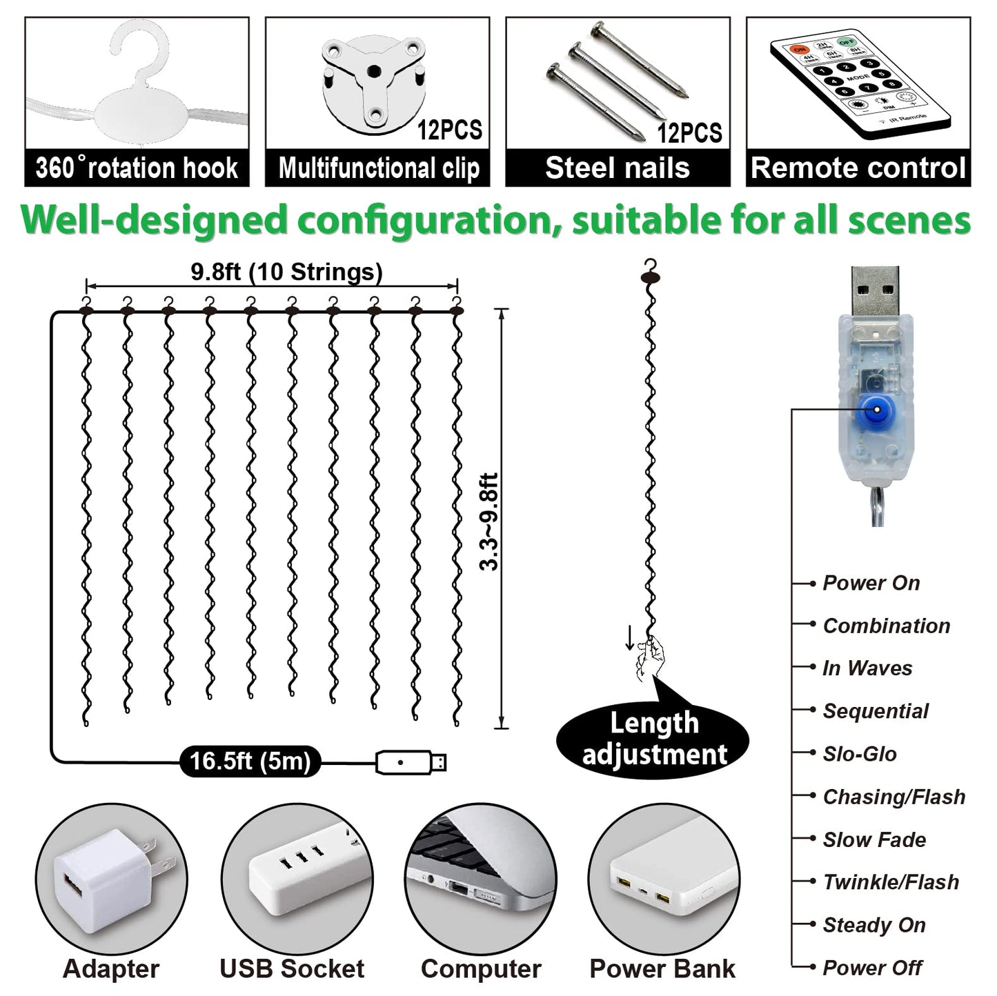 ZSJWL 300 LED White Curtain Lights, 9.8x9.8Ft DIY Windows Fairy String Lights with Remote 8 Modes Timer for Bedroom, USB Plug in Fairy Curtain Lights for Indoor Outdoor Weddings Party Garden Wall