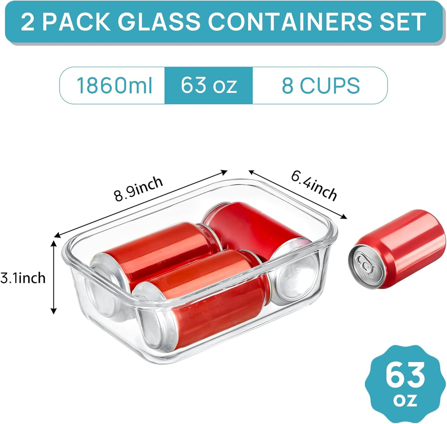Vtopmart Large Glass Storage Containers - 2-Pack 1860ml | Airtight Meal Prep Set, Leak-Proof, Grey