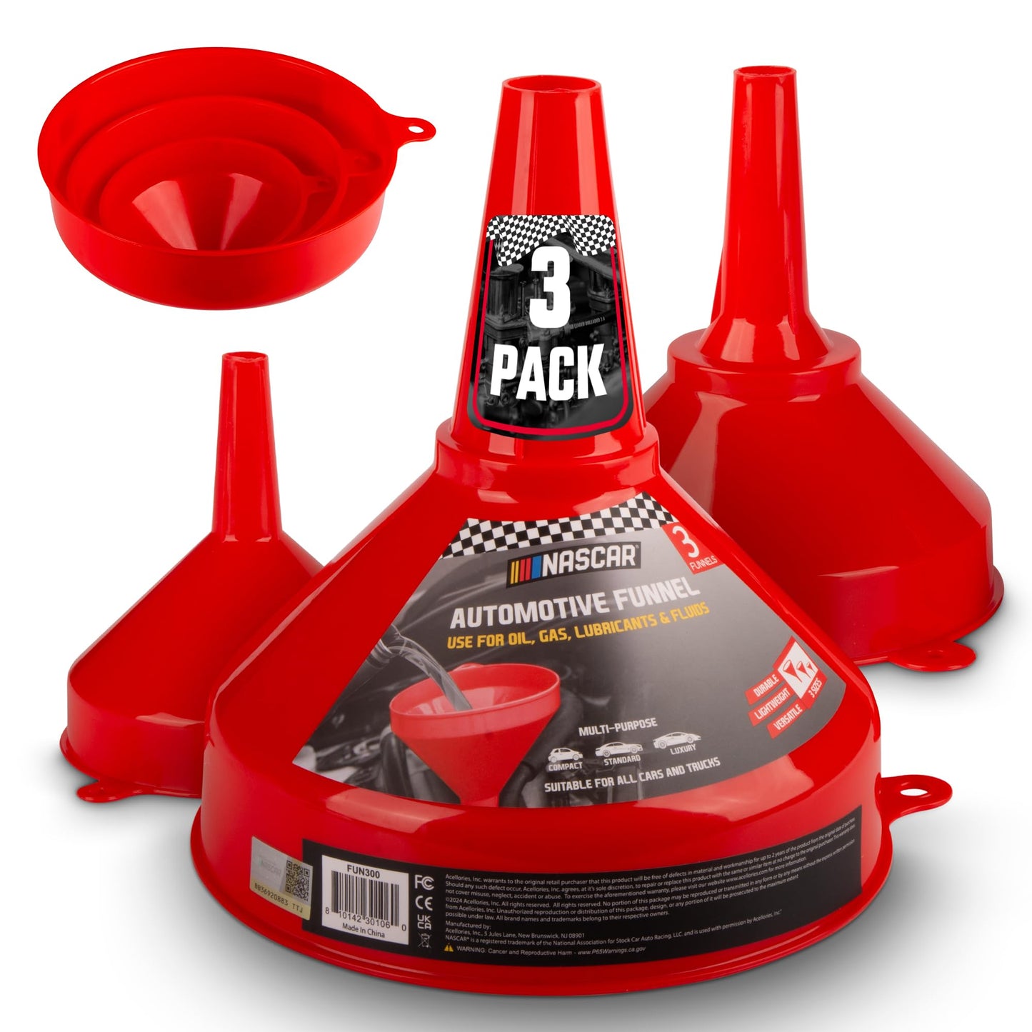 NASCAR Automotive Funnel Set – Oil, Gas & Fluid Funnels for Cars & Trucks | Durable, Lightweight, & Versatile | Includes 3 Sizes: Small, Medium, Large | Multi-Purpose Use for Oil Changes, Fuel, & More