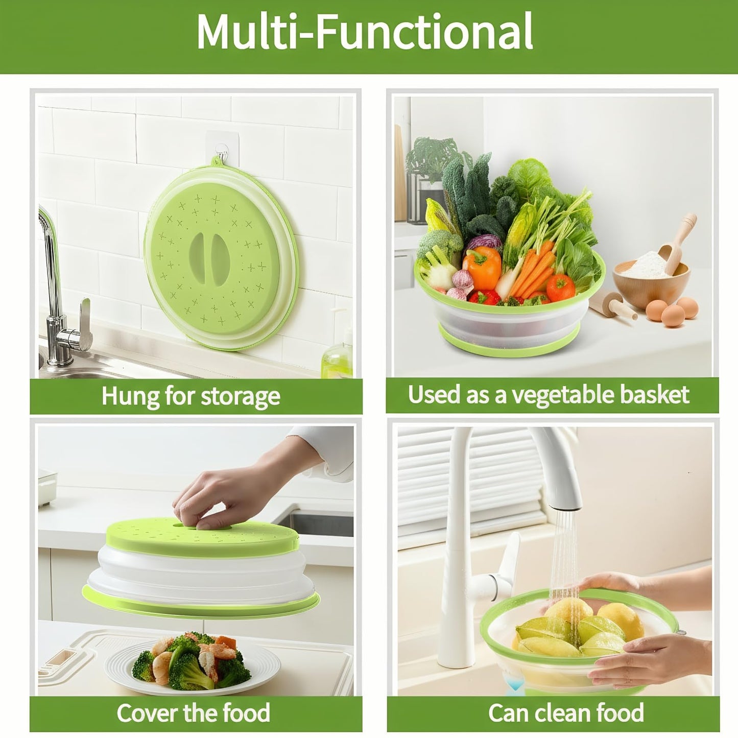 Microwave Splatter Cover for Food, Vented Silicone & Collapsible Splatter Guard Lid,Handle Microwave Plate Covers for Heating Food Bpa-Free Kitchen for Meal Prep, Dishwasher Safe（Green）