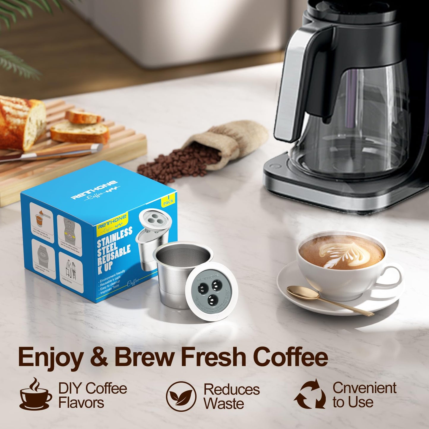 RETHONE Reusable K Cups Coffee Pods Compatible with Ninja Coffee Maker, Stainless Steel Reusable Coffee Filters for Ninja CFP201 CFP300 CFP301 CFP305 CFP307 CFP400 Dual Brew Pro (2 Packs)