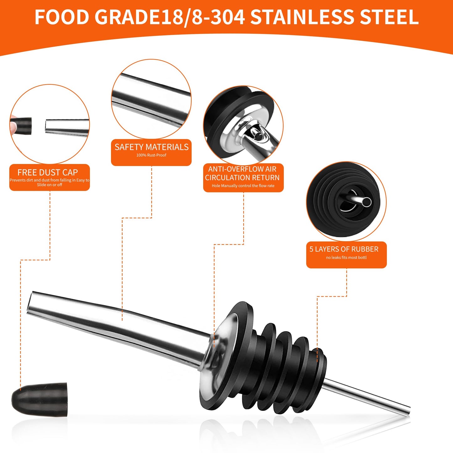 48PACK Stainless Steel Pourers Spouts for Liquor Bottles,Liquor Pour Spout With Dust Caps,Bottle Pourers for Alcohol, Olive Oil - Speed Pourers, Bar Bartender Accessories