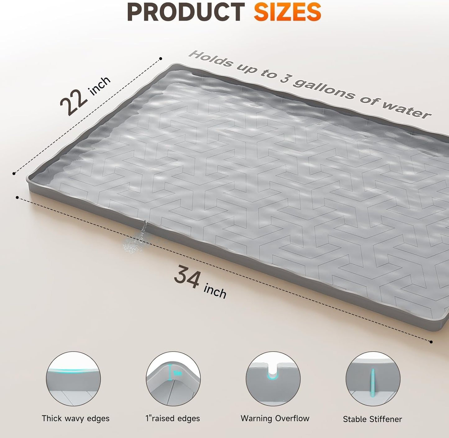 Sevenblue Under Sink Mat - Waterproof Silicone Liner & Drip Tray | 34" x 22" | Grey