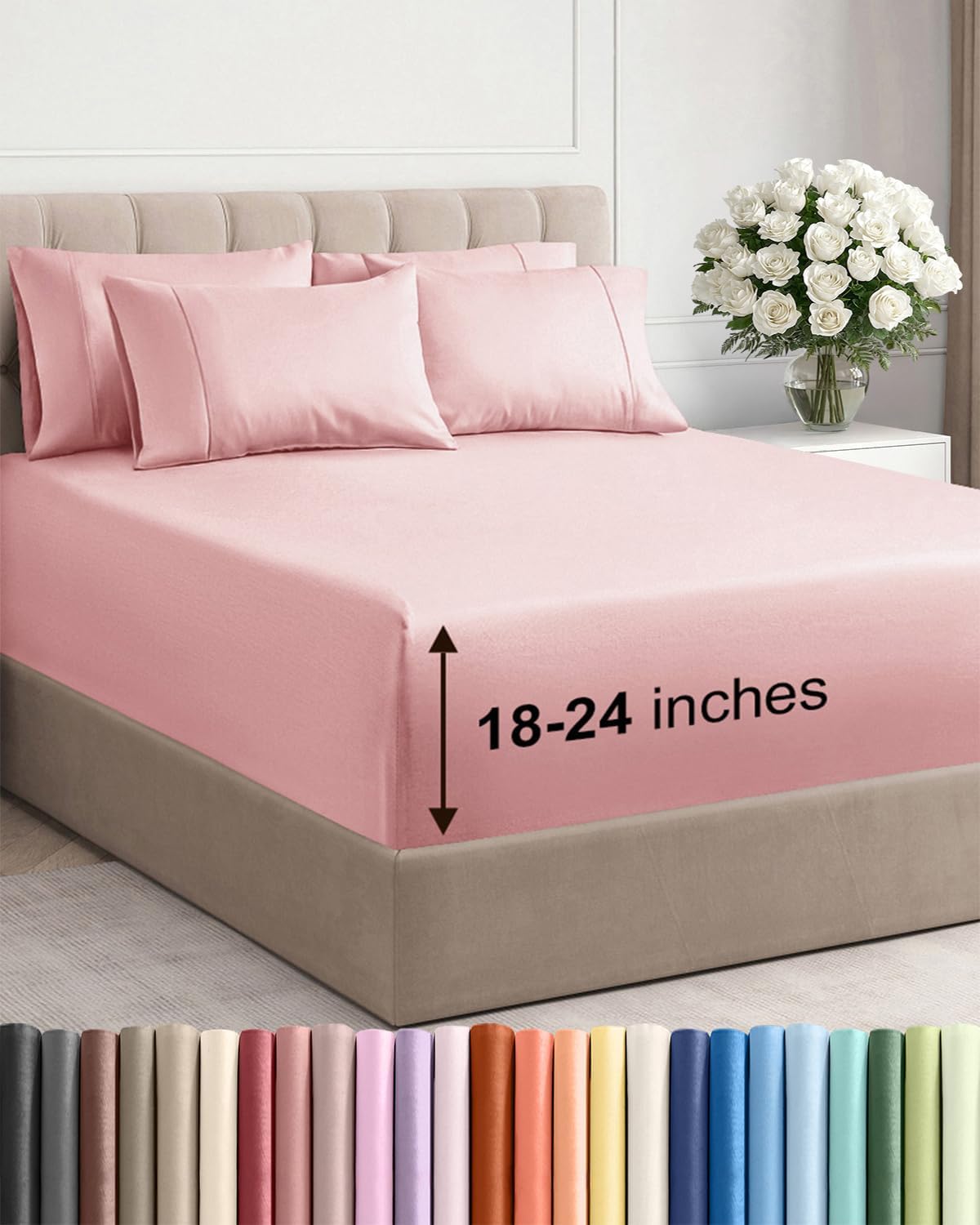 Skiennix Extra Deep King Sheet Set - 6 Piece Breathable Cooling Bedding - Soft Wrinkle-Free Baby Pink