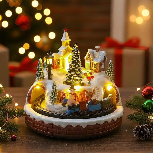 Christmas Village Decoration - Spinning Train & Tree, Musical Collectible with LED Lights & Timer Function