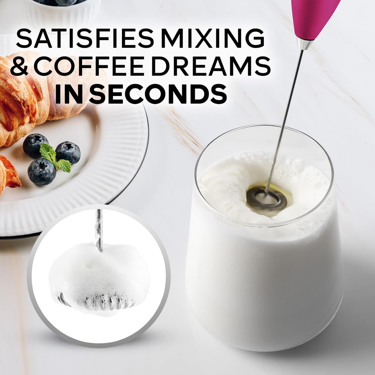 Zulay Kitchen Milk Frother Wand - Ultra Fast Handheld Electric Whisk for Coffee & Lattes - Hot Pink Gold