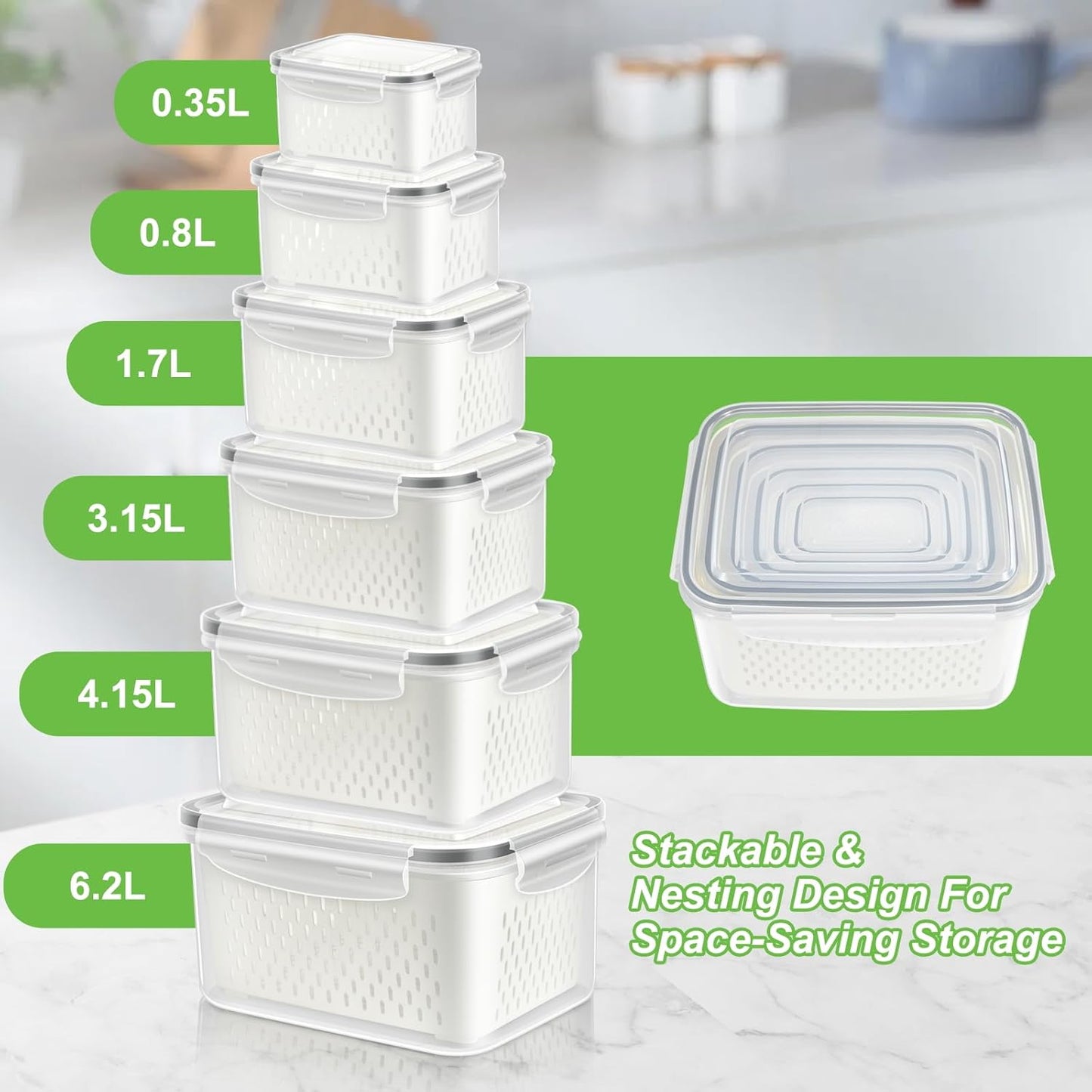 TBMax Fruit Storage Containers - 12-Piece Set with Airtight Lids & Colander for Fresh Produce | Large Size