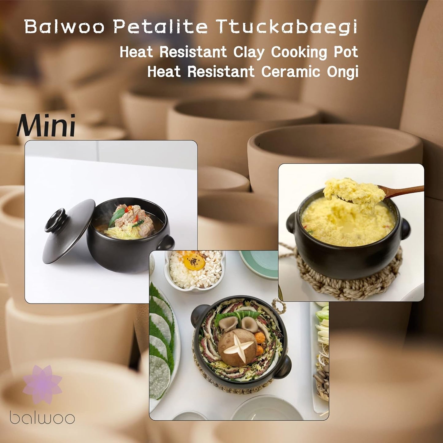 Korean Earthenware Pot Ttukbaegi, Ceramic Clay Cooking Pot Petalite Casserole, Heat Resistant Ceramic Pot, Zero-Crack Stone Bowl Stockpot Soup Cookware (Medium)