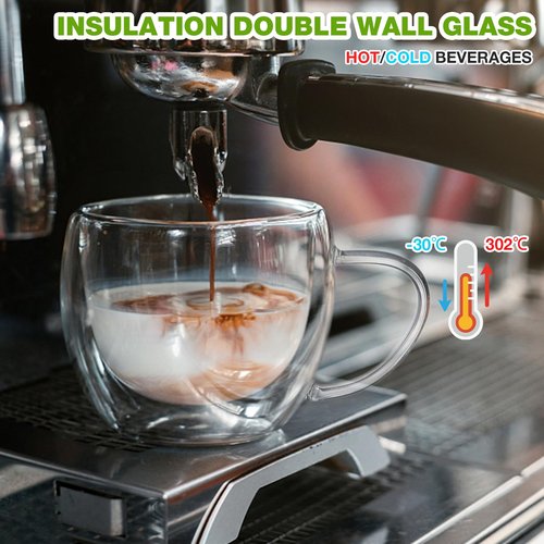 Double Walled Glass Coffee Mugs Set of 2, 8 oz Hand Blown Insulated mugs with Handle, Clear Coffee Mugs for Cappuccino, Latte, Espresso, Americano, Tea Bag, Beverage Glasses Heat Resistant Coffee Cups