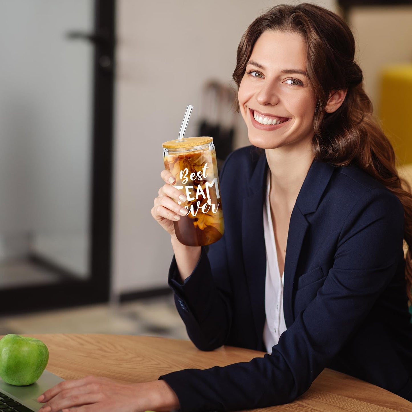 Purpeak 12 Set Employee Appreciation Gifts Thank You Gifts for Staff Coworker Thank You Glass Cups 16 oz Can Shaped Beer Glass with Lids Straws Brushes for Teacher Nurse(Best Team Ever)