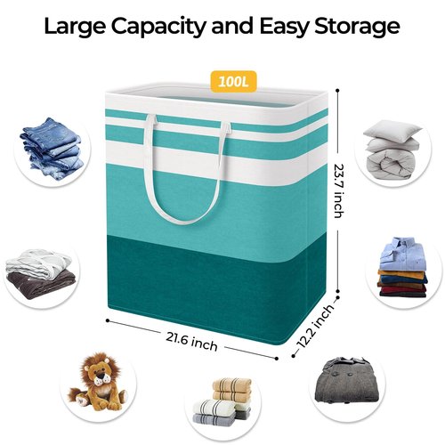 HomeHacks 2-Pack Large Laundry Basket, Waterproof, Freestanding Laundry Hamper, Collapsible Tall Clothes Hamper with Extended Handles for Clothes Toys in the Dorm and Family (Green, 100L)