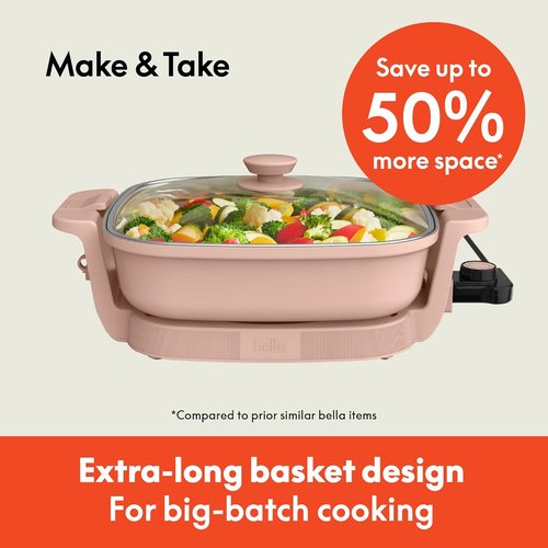 Bella Make & Take Electric Skillet - Adjustable Temperature, Dishwasher-Safe Lid, 1200W, Blossom Color