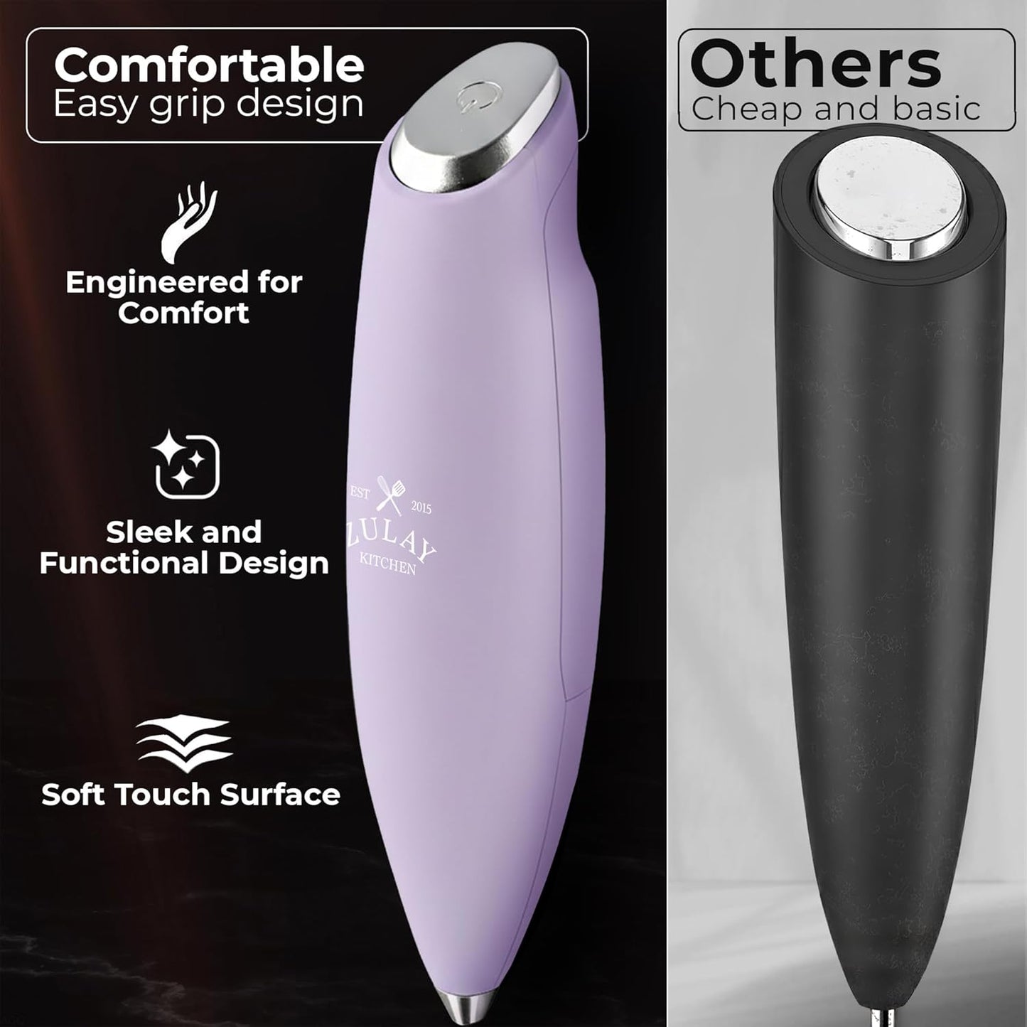 Zulay Kitchen Tornado Triple Whisk Milk Frother - Handheld Foam Maker for Coffee & Lattes - Lilac Color with 4 Duracell Batteries
