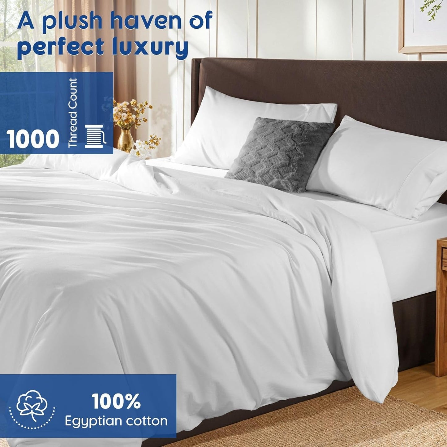 SONORO KATE 100% Egyptian Cotton Duvet Cover | Soft & Breathable 1000 Thread Count - Queen Size, White, 3 PC