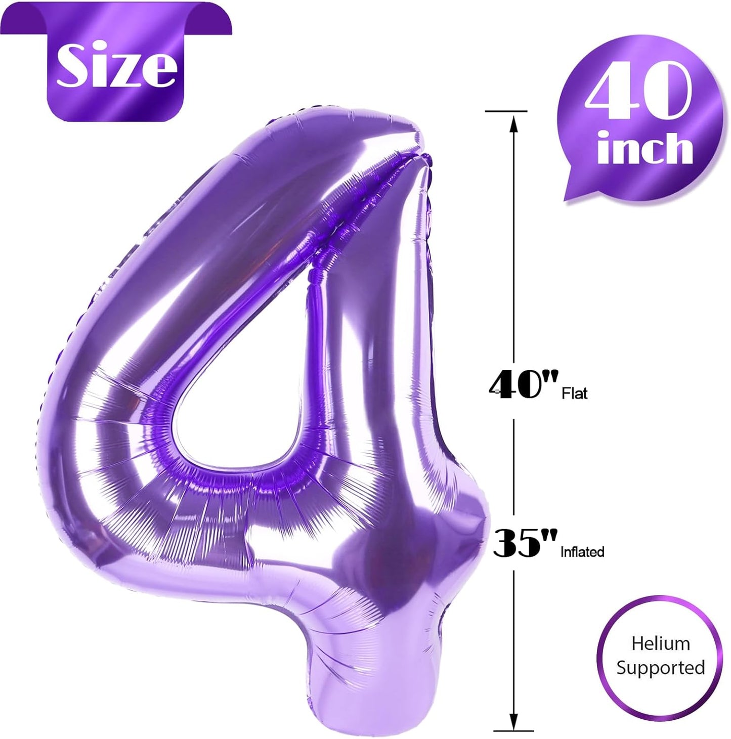 Number 4 Balloon - 40 Inch Purple Party Decoration | Large 4th Birthday Balloon