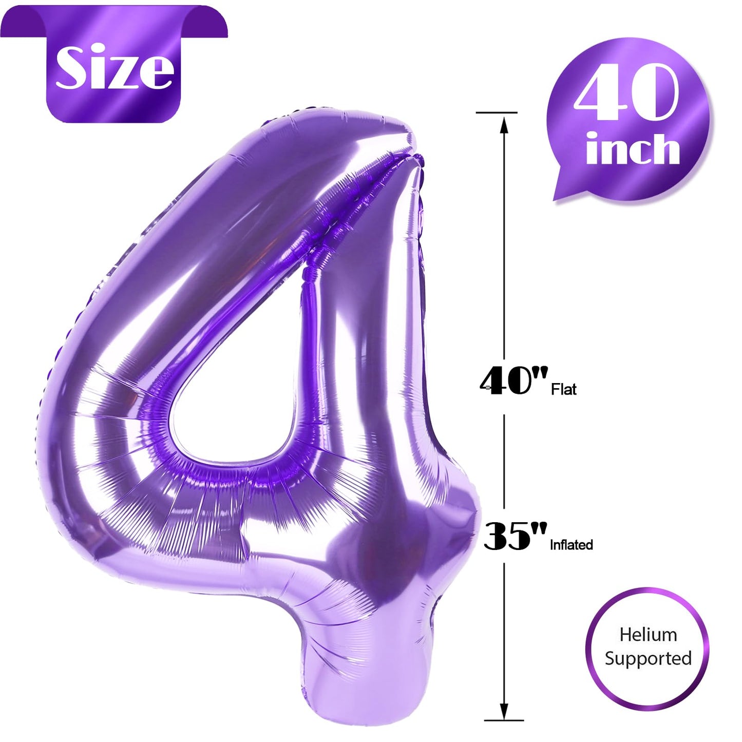 Purple Number 4 Balloon 40 Inch, 4th Birthday Party Decorations for Children, Giant 4 Foil Balloon for Party Supplies