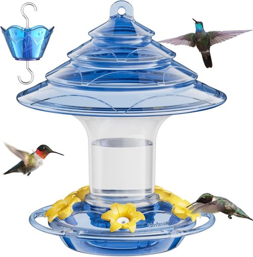 Birdream Hummingbird Feeder - 20 Oz Outdoor Feeder with 5 Bee Guard Ports & Ant Moat - Blue