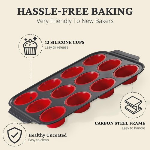 BRONYPRO Silicone Muffin Pans - Nonstick Egg Bite Molds & Cupcake Tins | 12 Regular Size, Red