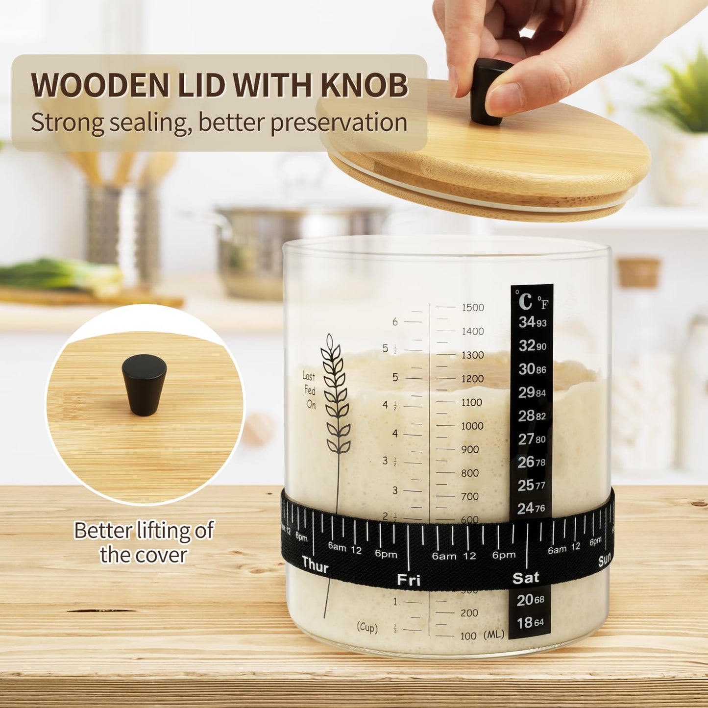 Rakovar 50oz Sourdough Starter Jar, Wide Mouth Sourdough Jar, Large Capacity Sourdough Bread Starter Kit with Lid, Band, Date Tracker, Temp, Sourdough Starter Kit for Sour Dough (1 Pack)