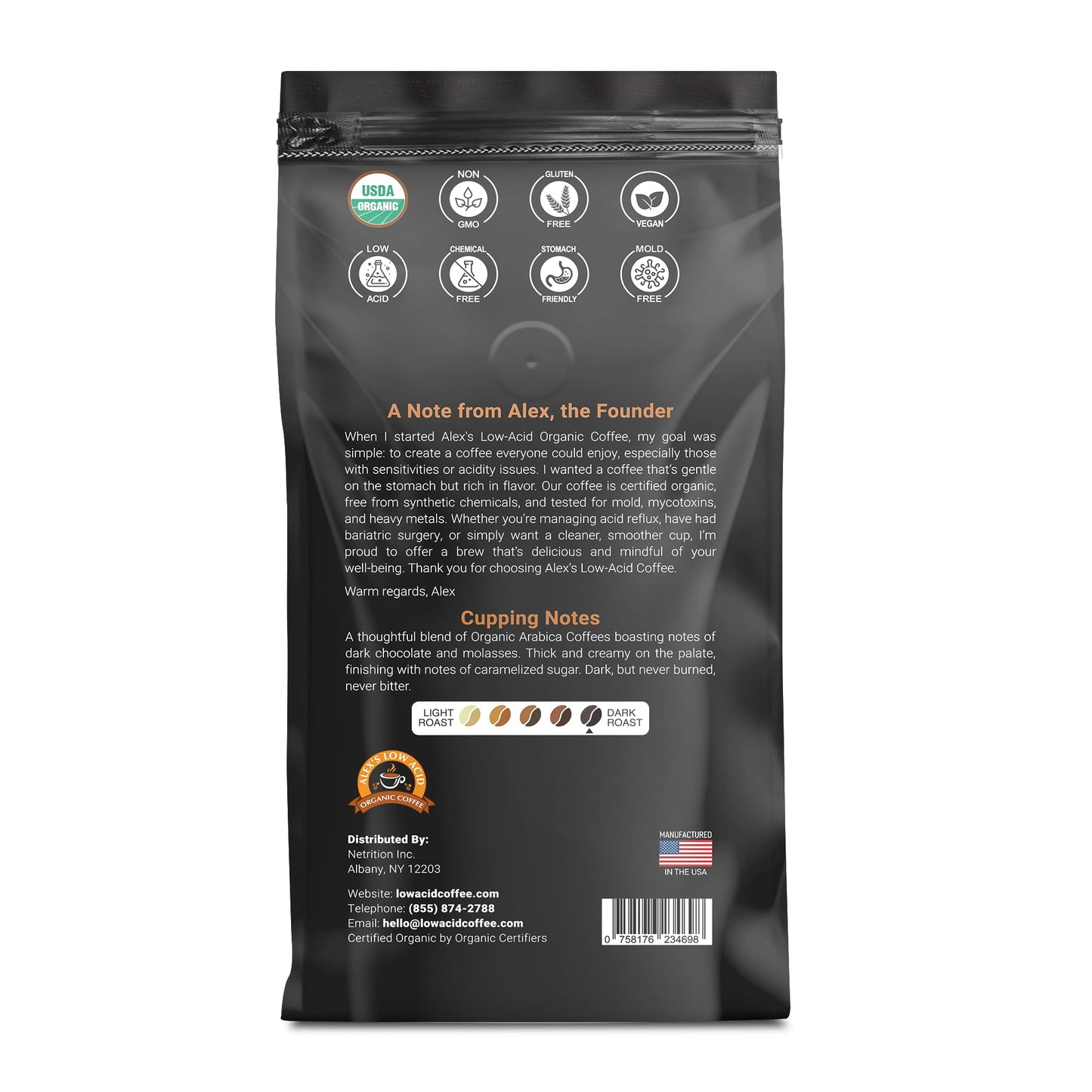 Alex's Low Acid Organic Coffee 12oz Bag - Fresh Ground French Roast (Pack of 1)