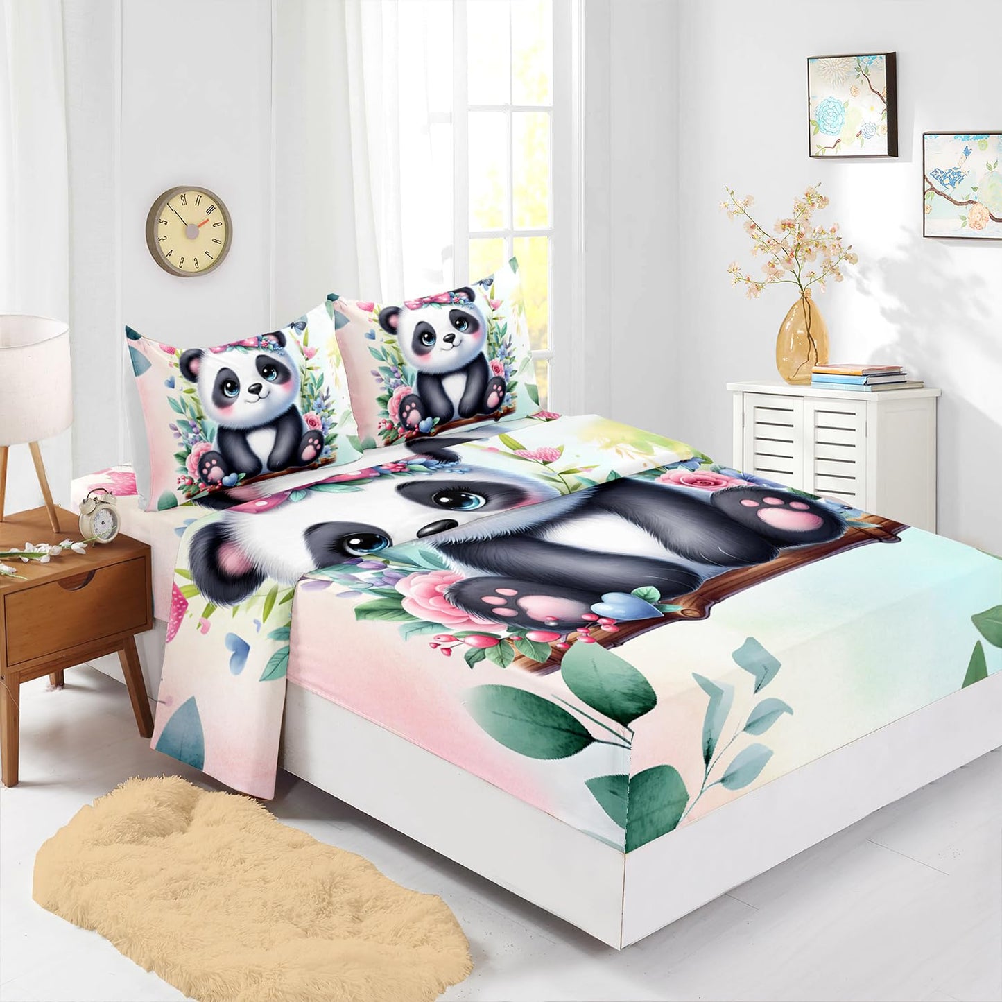 XYNHML Kawaii Black White Panda Sheet 4Pcs Queen Tie Dye Wild Animal Flower Bear Bedding Set for Kid Teen Girl Boy Swing Butterfly Botanical Room Decor with 1 Flat Sheet+1 Fitted Sheet+2 Pillowcases