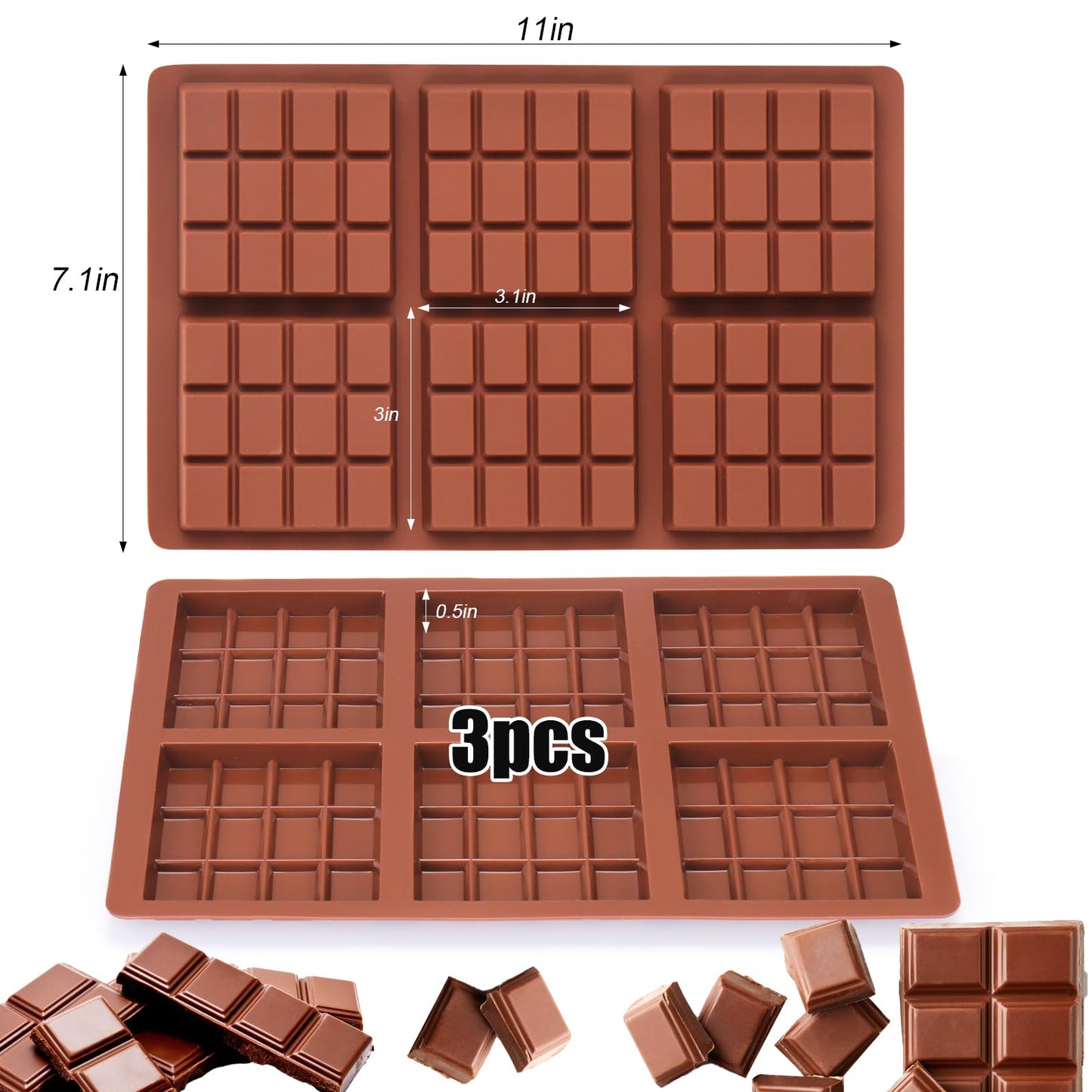 Palksky Chocolate Bar Mold Deep, 3Pcs Square Thick Chocolate Bar Mold Silicone, Stuffed Candy Bar Mold
