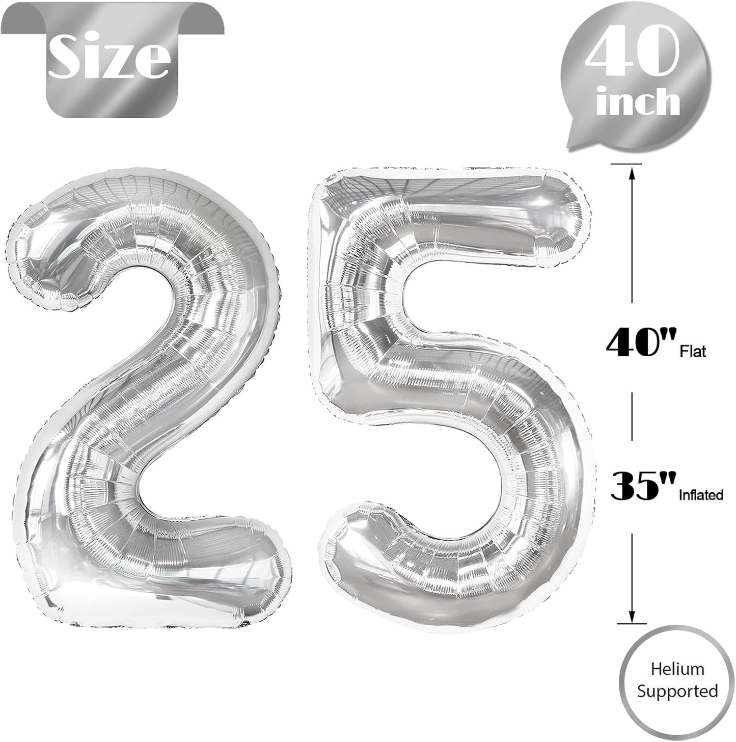 Silver Number 25 Balloon - 40 Inch 25th Birthday Decoration for Men & Women | Elegant Silver Party Supplies
