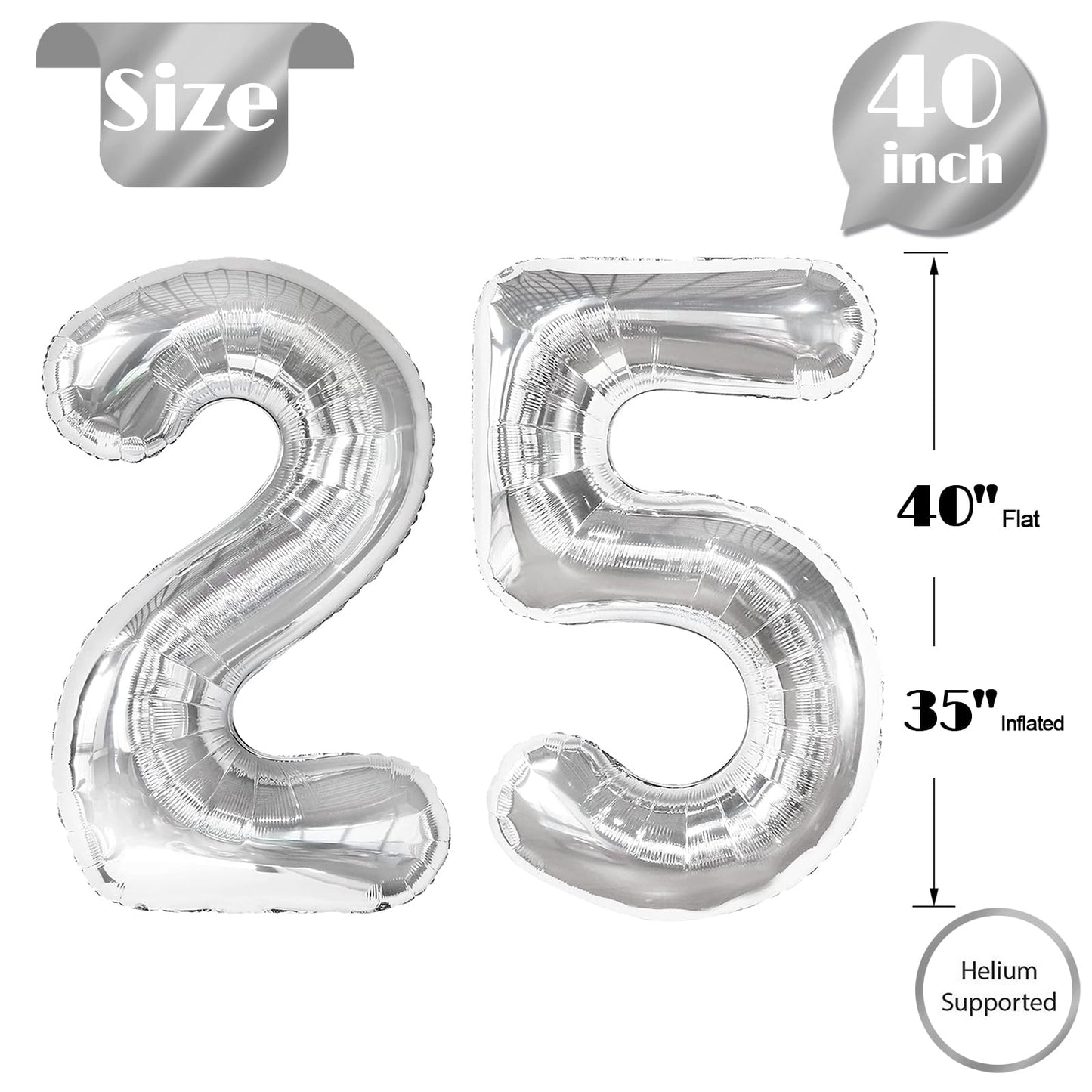 Silver Number 25 Balloon 40 inch, 25 Number Balloons, 25th Silver Birthday Decorations, 25 Year Old Women Men Silver Party Supplies