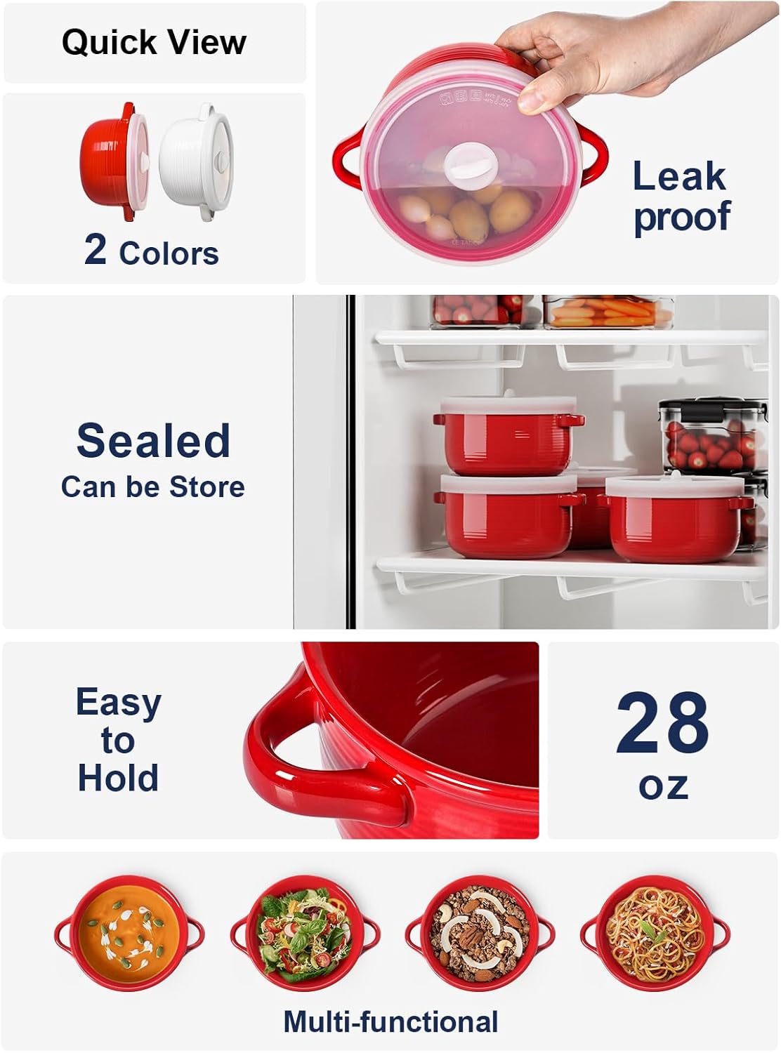 LE TAUCI Soup Bowls - 28 oz Ceramic Ramen Bowls with Handles & Silicone Lids | Set of 2, Red, Microwavable & Oven Safe