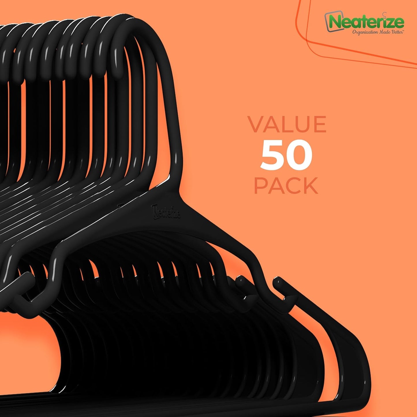 Neaterize Plastic Clothes Hangers - Space-Saving 50-Pack for Adults | Perfect for Coats & Closets - Black