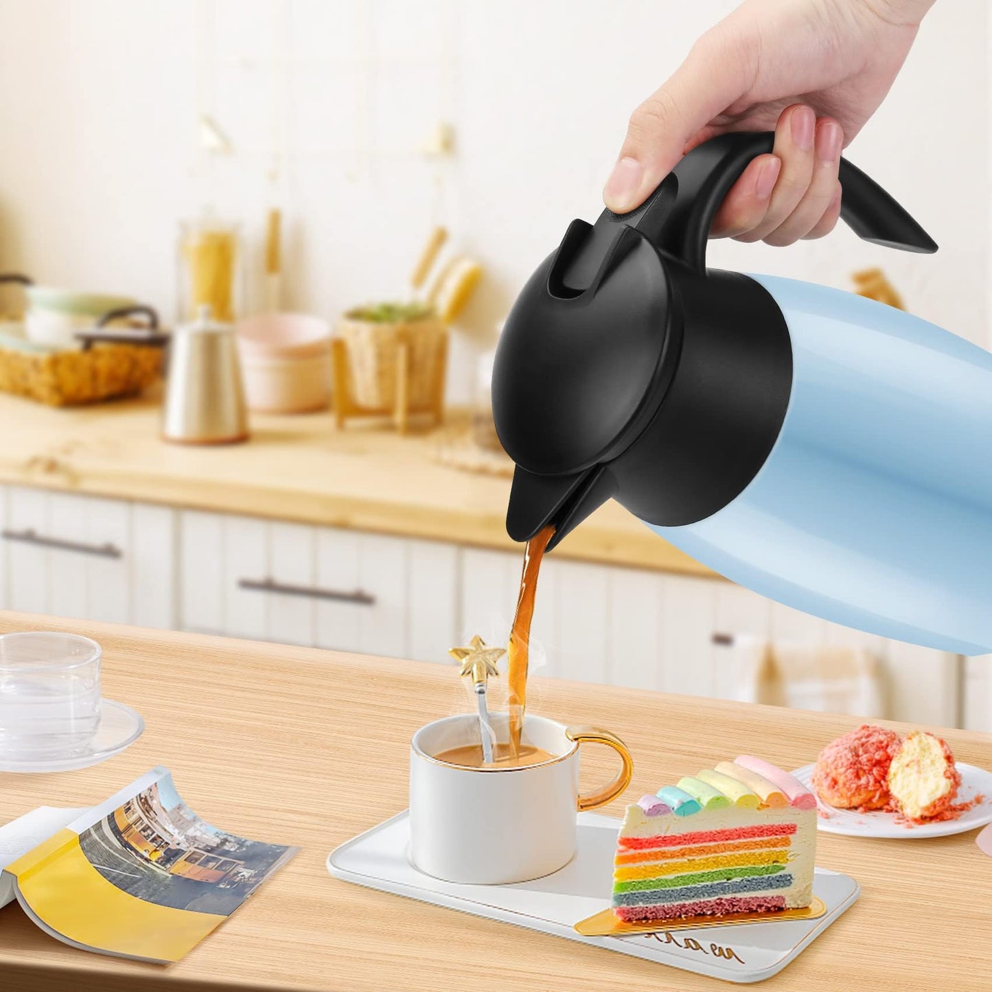 70oz Coffee Carafe Airpot Insulated Coffee Urn Stainless Steel Vacuum Thermal Pot Flask for Coffee, Hot Water, Tea, Hot Beverage Keep 12 Hours Hot, 24 Hours Cold, Blue