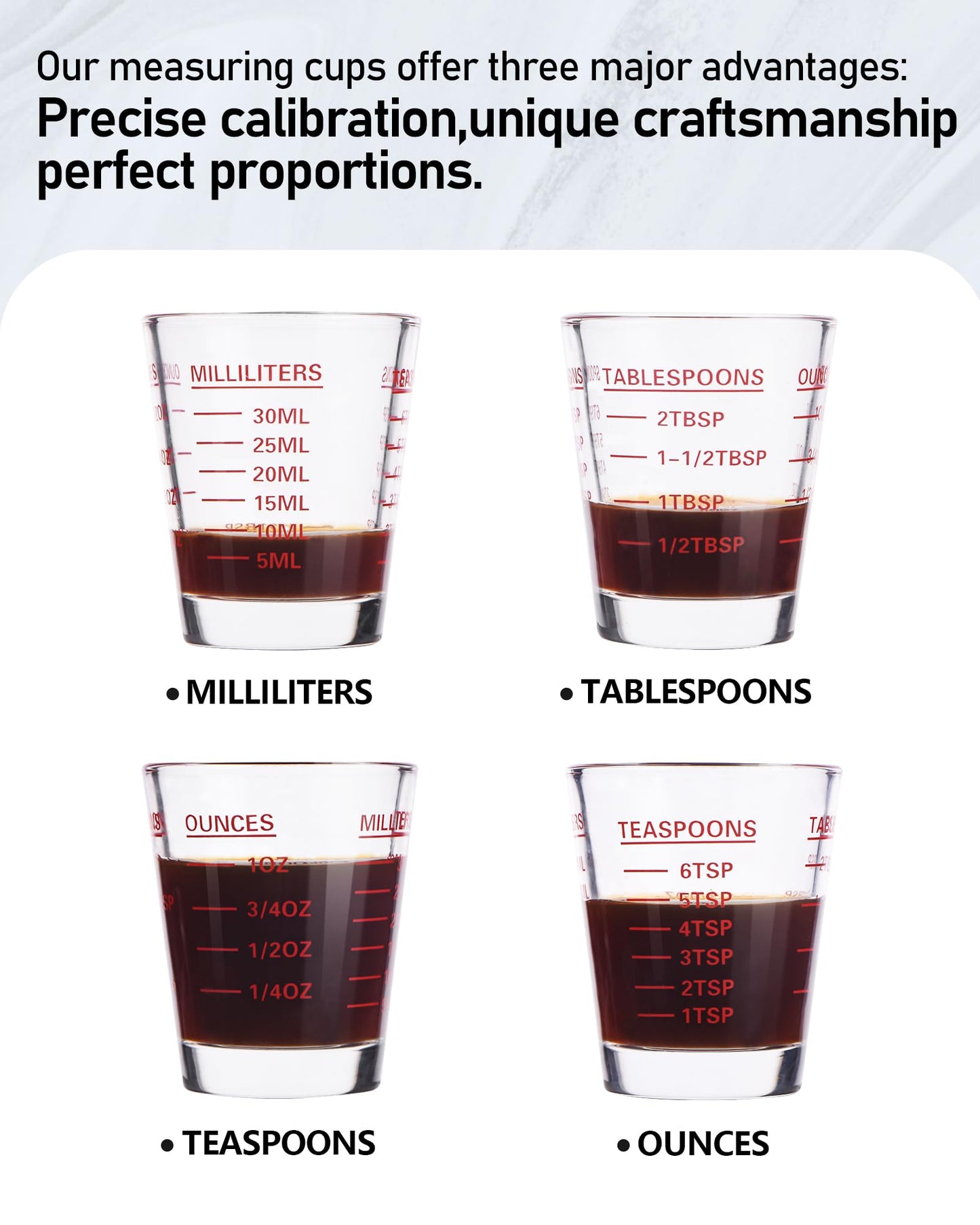 Shot Glasses Measuring Cup Set 4PACK Espresso Shot Glasses Liquid Heavy Glass 26-Incremental Measurement 1 OZ, 2 TBS, 6 TSP, 30 ML Kitchen Tools (Red)
