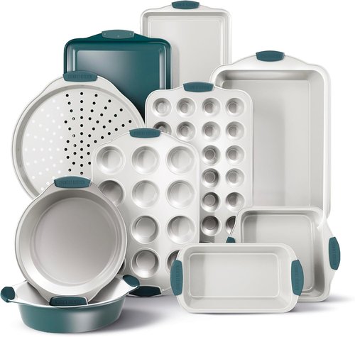 Country Kitchen Nonstick Bakeware Set - Heavy Duty, Easy Release, Stackable Design, Sage, 10 Pcs