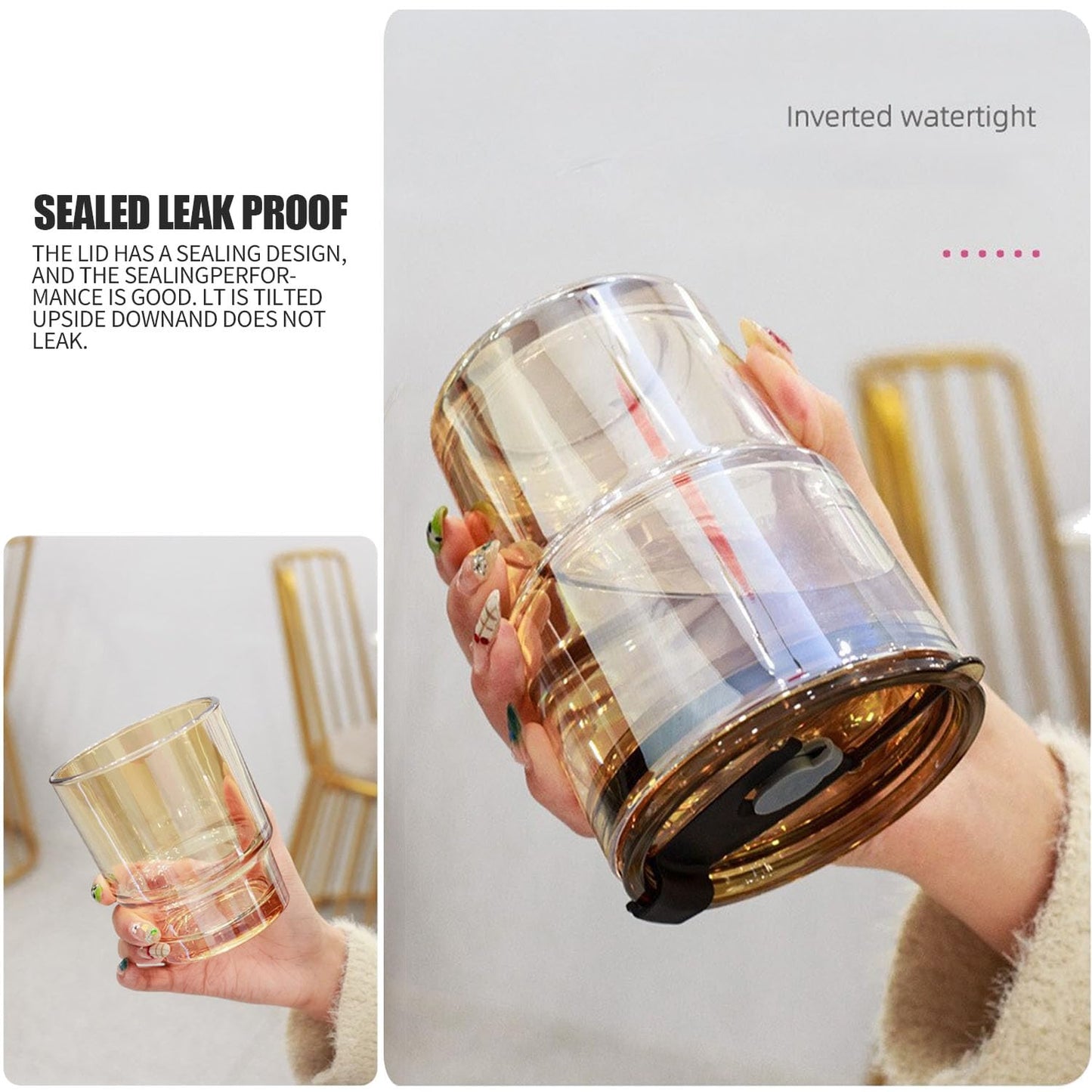 LEKAYIHU 13oz/400ml Glass Tumbler with Straw and Lid, Iced Coffee Cups with Lids, Iced Tea, Thick Wall Insulated Glass Cup,Reusable Iced Coffee Cup (Amber)