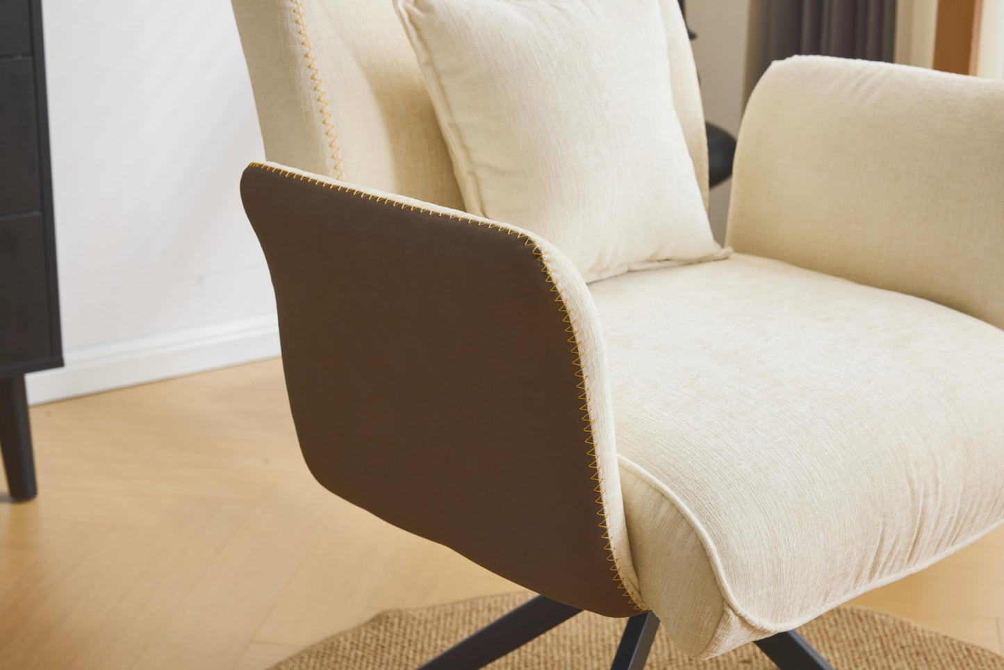 VINGLI Beige Chenille Office Desk Chair No Wheels,Comfy Modern Swivel Padded Arm Chair with Back&Lumbar Pillow,for Home,Makeup Vanity,Computer,Task,Nail Tech,Sewing,Dining,Bedroom,Living Room