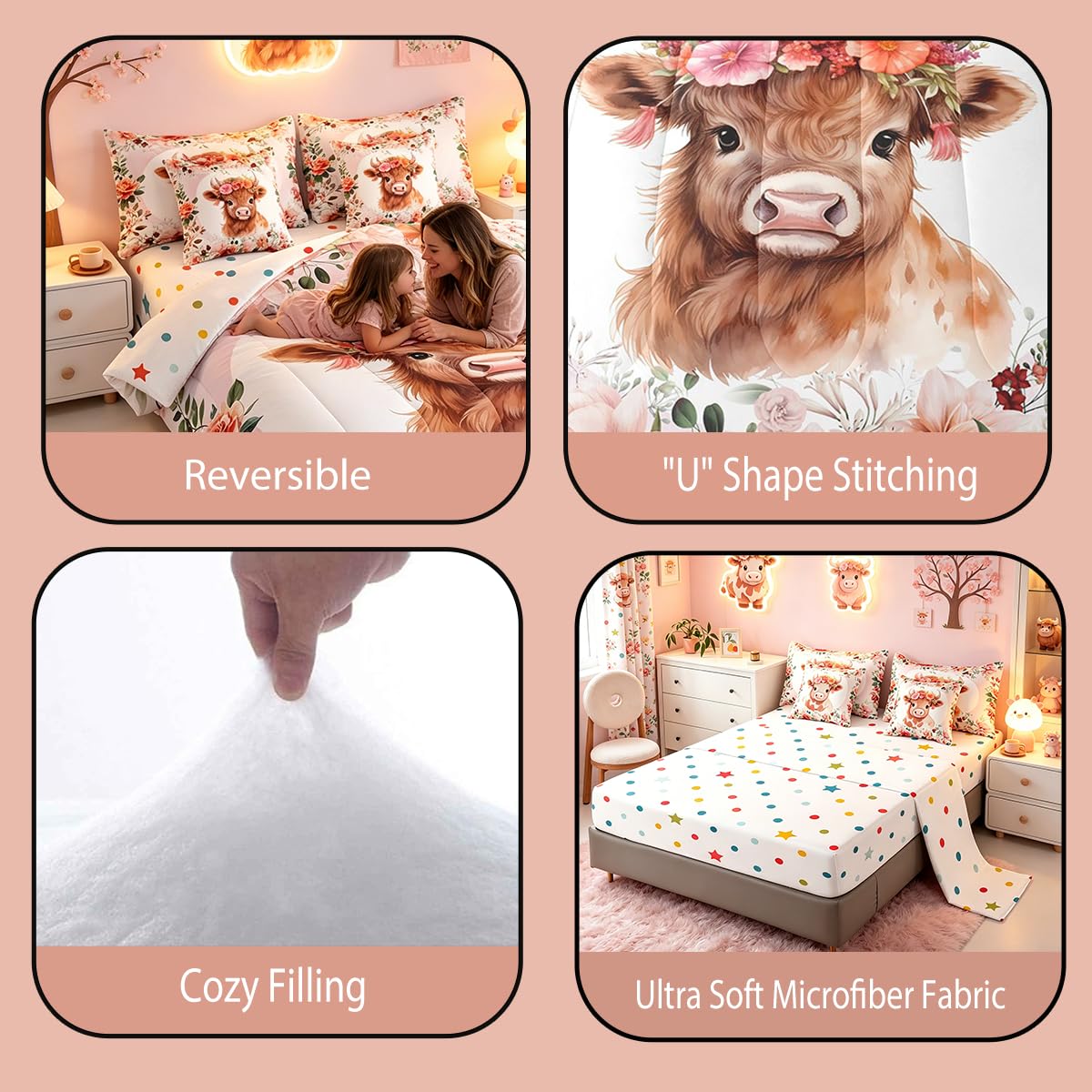 Feelyou Cute Highland Cow Bedding Set Twin Size 7 Pieces Cartoon Animal Comforter Set Flower Floral Print Farm Zoo Garden Theme Bed in a Bag with Comforter, Sheets, Pillowcases & Cushion Cover