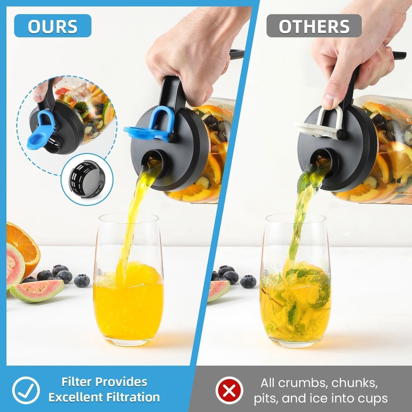 [UPGRADED LID] Wide Mouth Mason Jar Pour Spout Lids with Detachable Filters - 2 Pack Flip Top Pitcher Lids with Handle for Ball, Kerr & Others- Leak Proof Seal Cover Cap, Dishwasher Safe, Food Grade