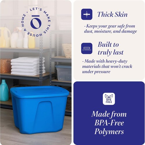 HOMZ 10 Gallon Durable Molded Bin - Stackable Plastic Storage Containers with Lids, Blue | 4-Pack for Home Organization
